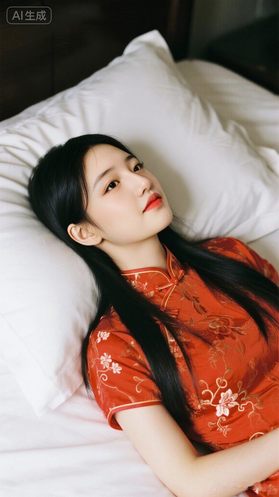绝色美人，肤白貌美，唇红齿白，笑容甜美，身着橘红色绣花旗袍，长发飘逸及腰，静卧床