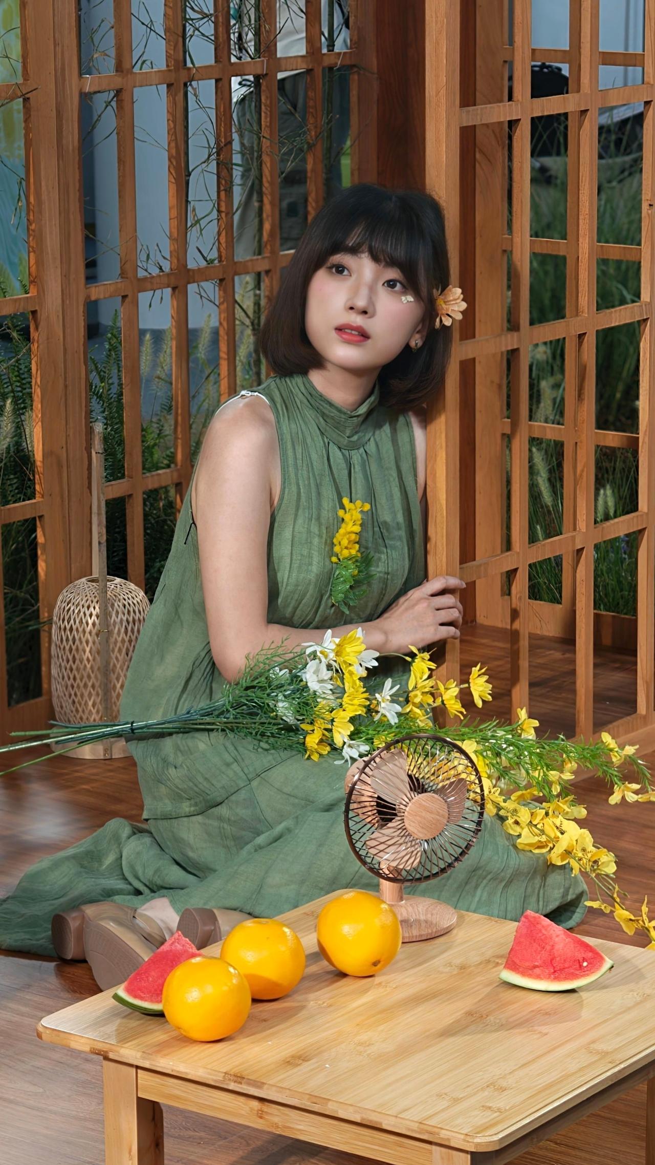 一抹清雅绿裙，配上满桌鲜果与烂漫黄花，木质屏风衬着悠然氛围，把夏日松弛氛围感拿捏