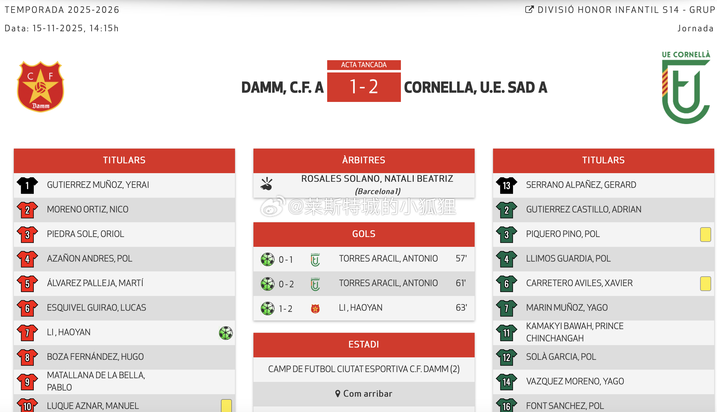 西班牙加泰罗尼亚U14荣誉联赛 达姆1-2不敌科尔内利亚 中国球员李昊炎破门难救