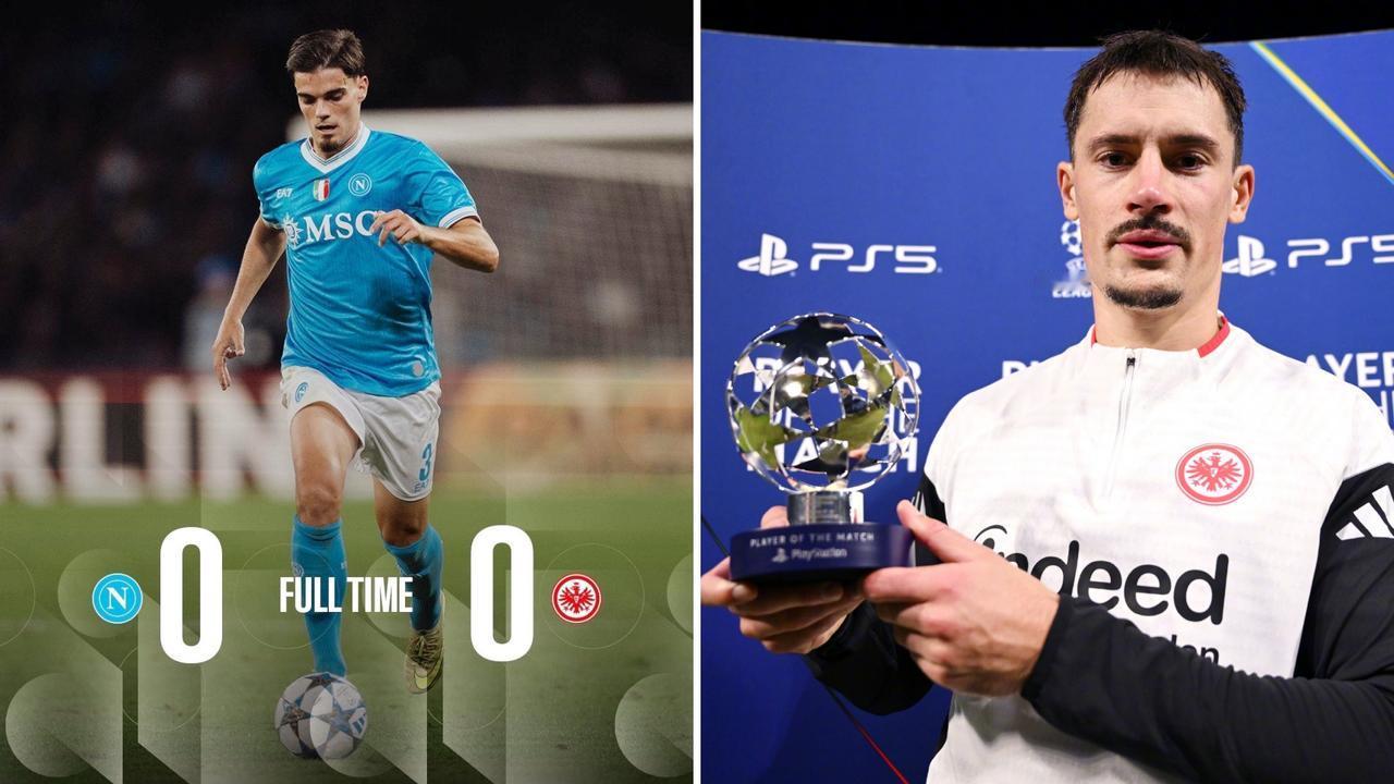 欧冠：那不勒斯主场0-0闷平法兰克福，欧冠4轮仅1胜。
霍伊伦与麦克托米奈相继错