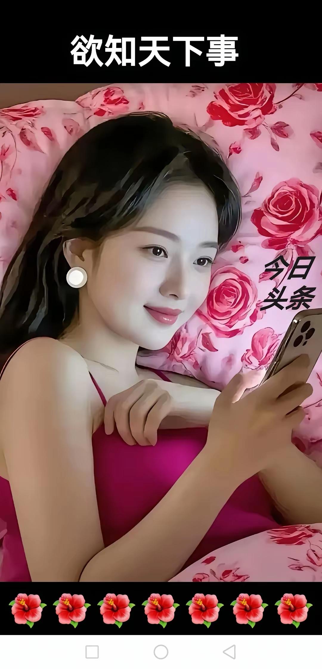 女孩在床上看手机，感觉很惬意。