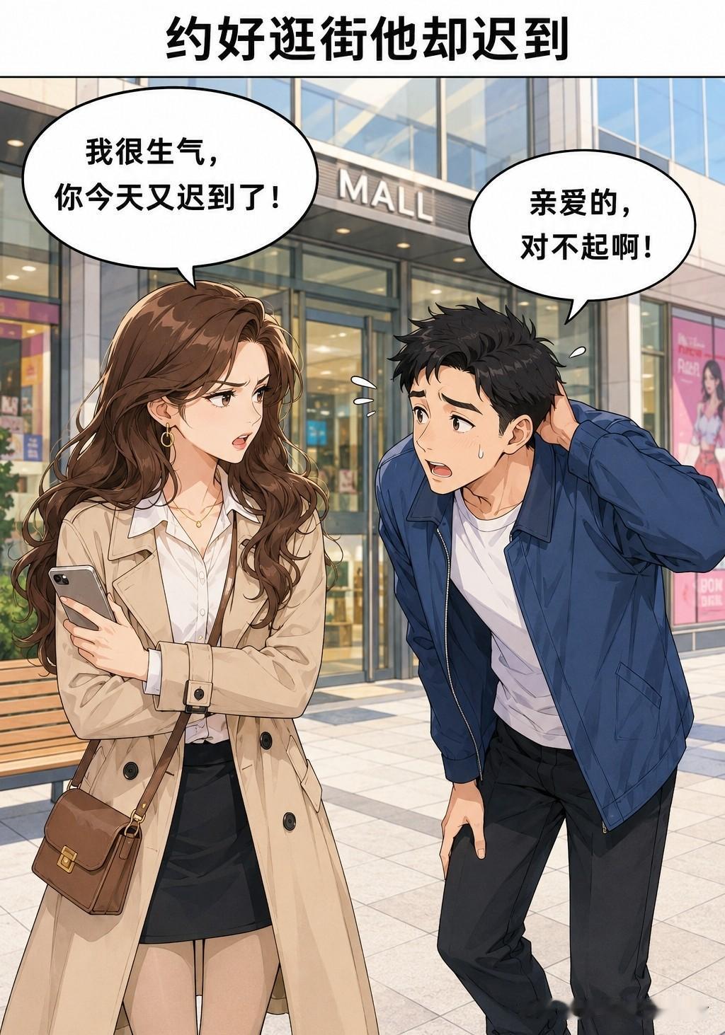 趣味漫画：妻子约丈夫一起去逛街，丈夫却迟到了，妻子：我很生气，你今天又迟到了。丈