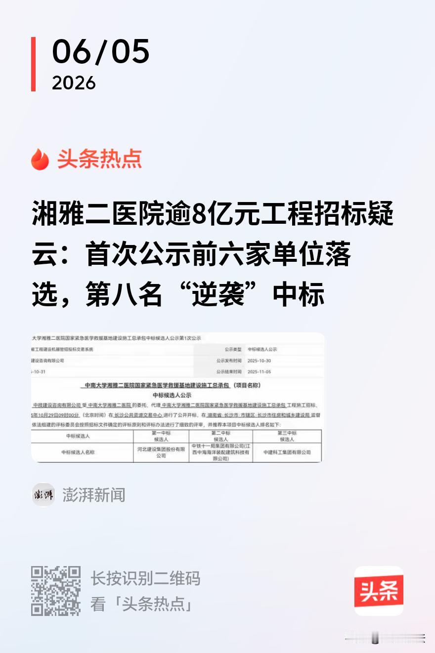 “太离谱！”湖南，一个总投资8.27亿元的医院大项目，第一次公示了六家中标候选人