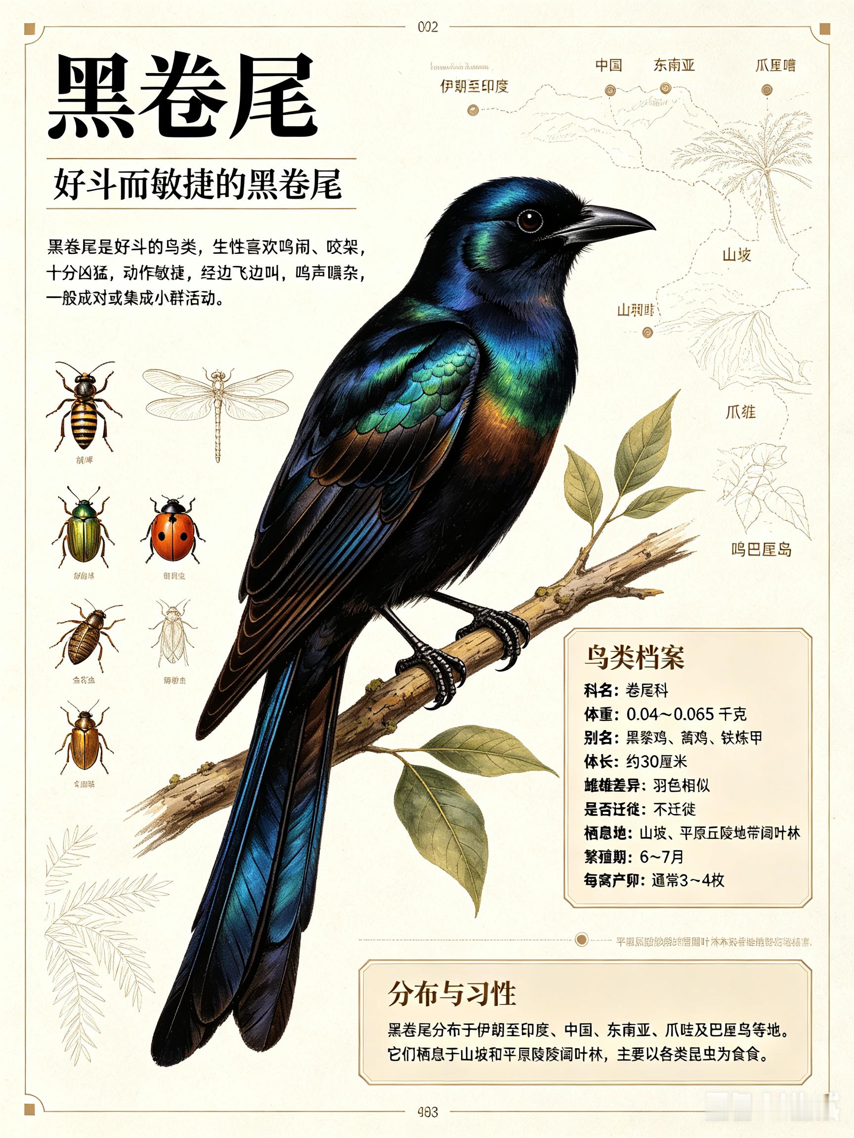 鸟类朋友图鉴 黑卷尾科名：卷尾科体重：0.04～0.065千克别名：黑黎鸡、篱鸡
