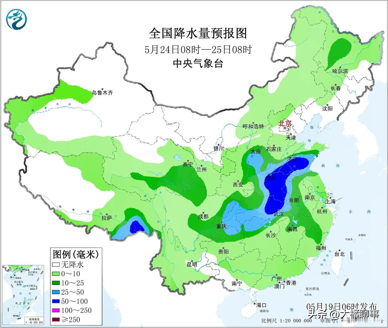 新一轮大到暴雨预计在5月24日到25日左右期间。据中央气象台全国降水量预报图显示