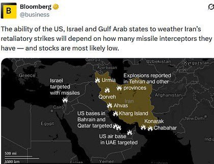 彭博社报道：美国/以色列国防军反导拦截导弹库存已处于“低位”。 