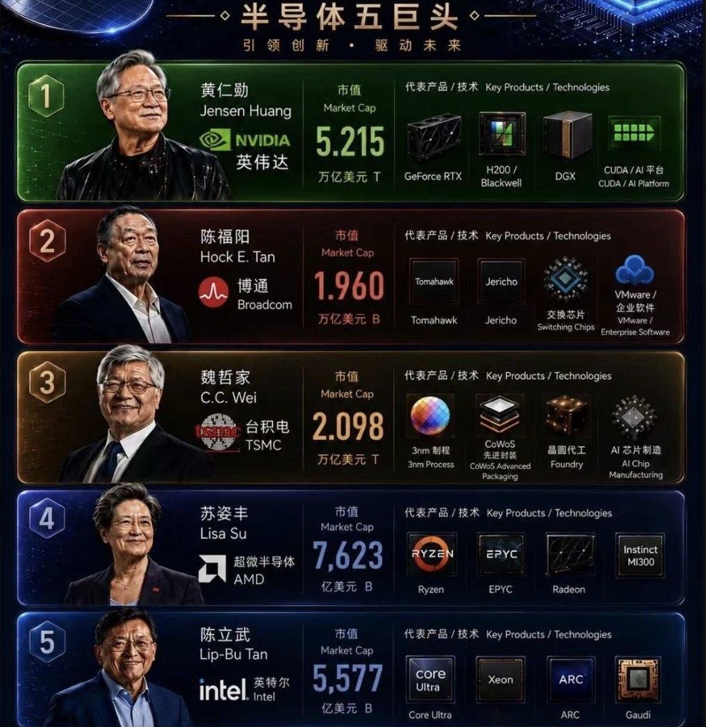 陷入深思：

全球半导体五巨头全是华人，

可为什么却没有一个中国人？