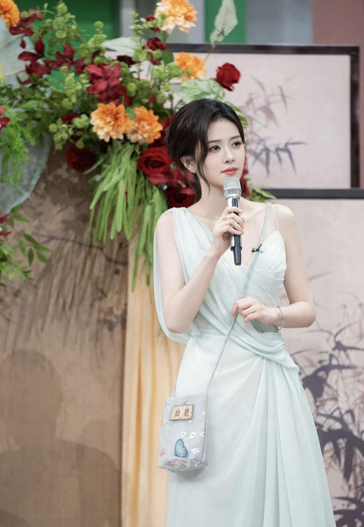 一袭浅薄荷绿纱裙，白鹿亮相《你好，星期六》，温婉盘发搭配垂坠轻纱，是自带柔光的公