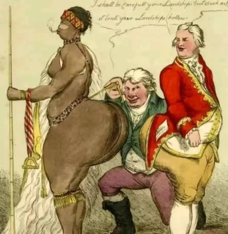 1815 年非洲少女巴特曼，因臀部长得很 “突出”，被人骗到英国，扒光衣服关进笼