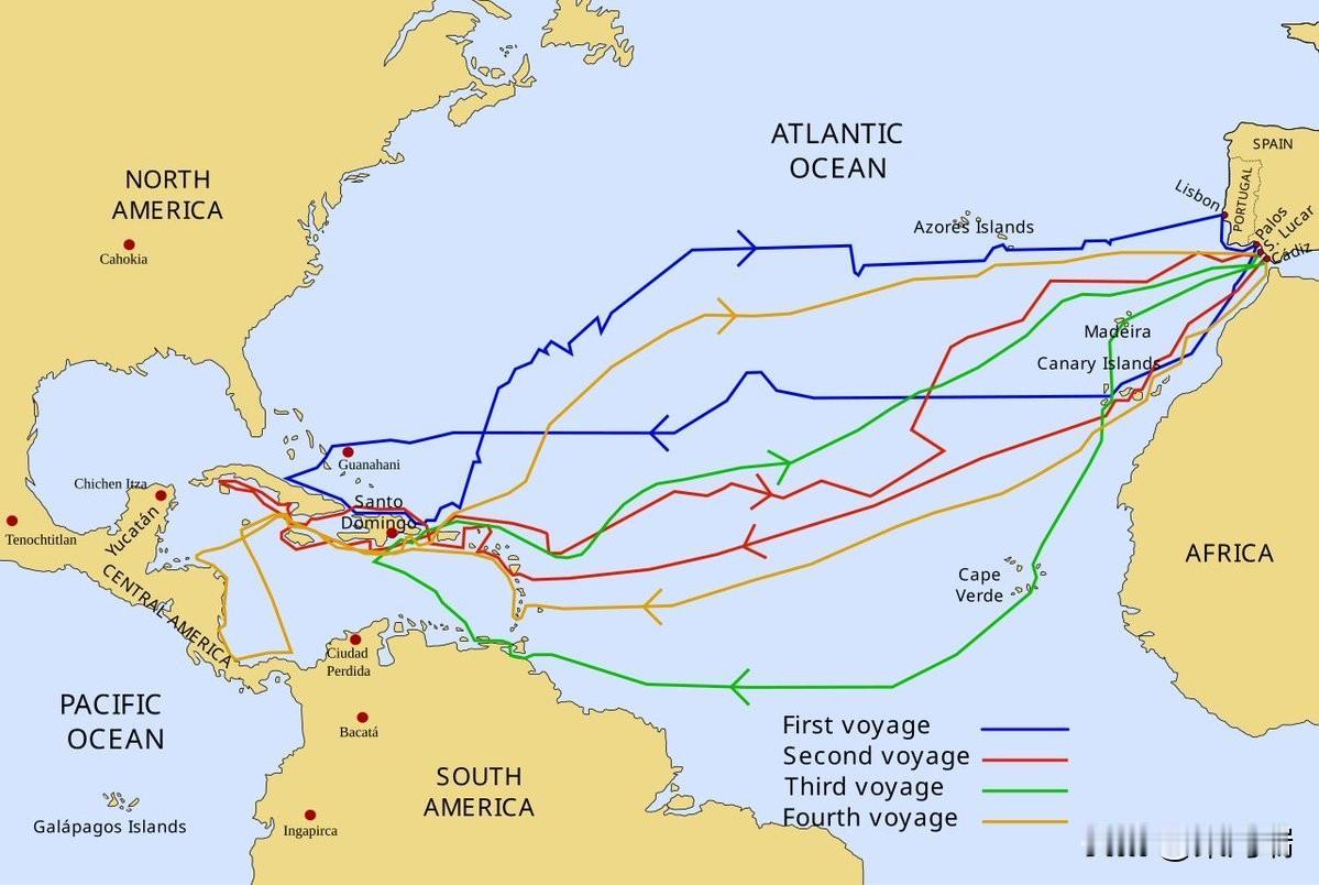 这张地图展示了克里斯托弗·哥伦布（Christopher Columbus）在 