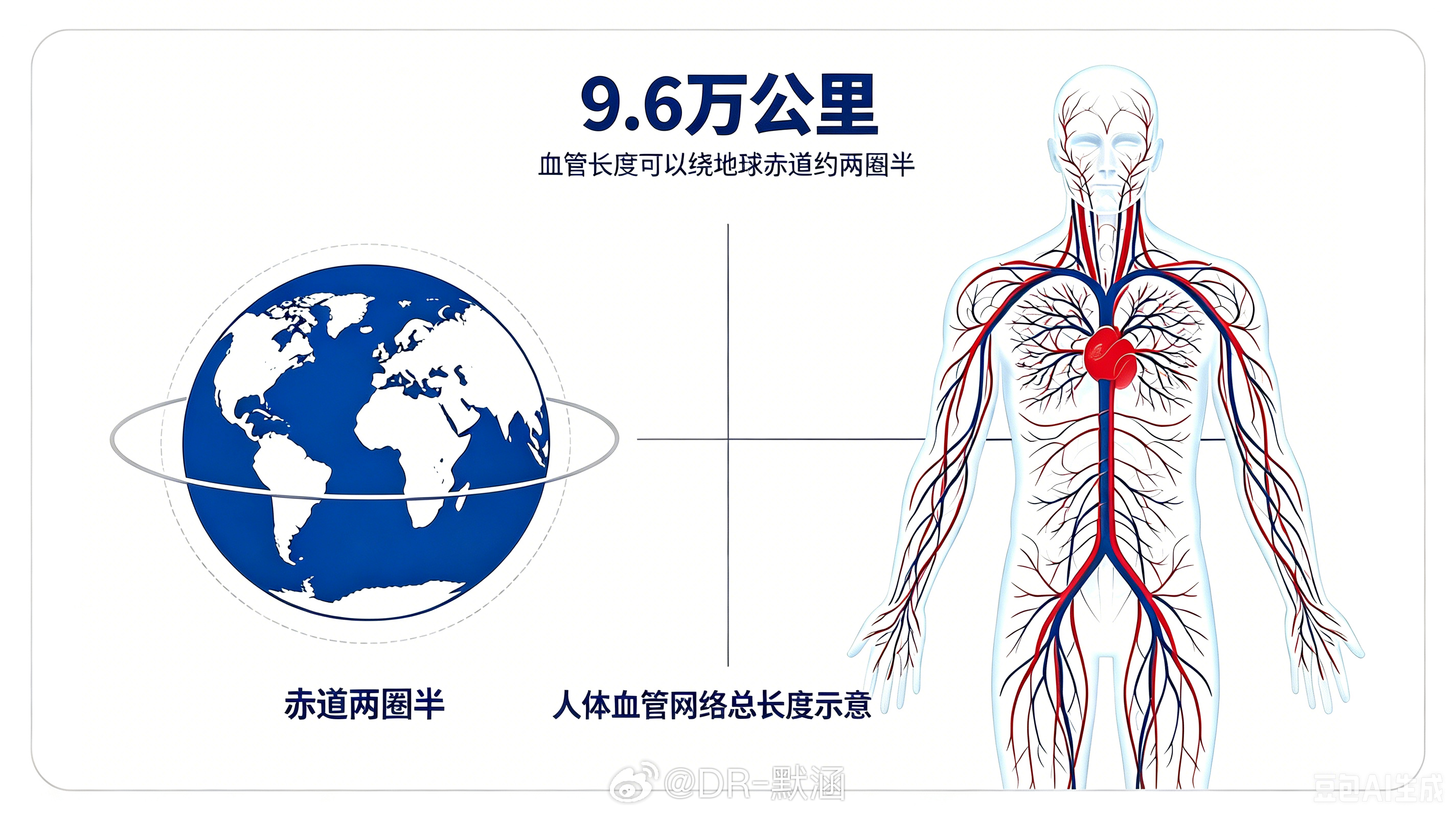 人体内所有血管首尾相连，总长度约9.6万公里，足以绕地球赤道两圈半。所以，你身体