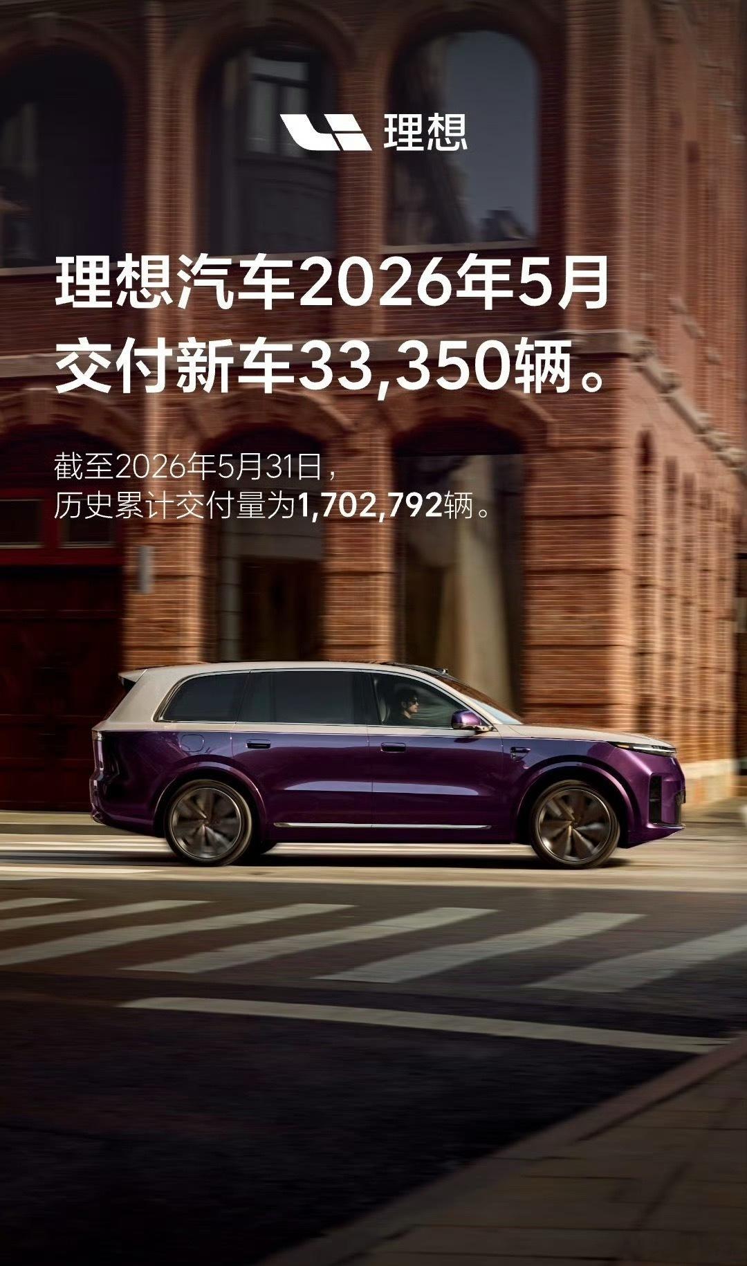 理想汽车5月交付33350辆理想汽车5月交付数据正式出炉，单月交付33350辆，