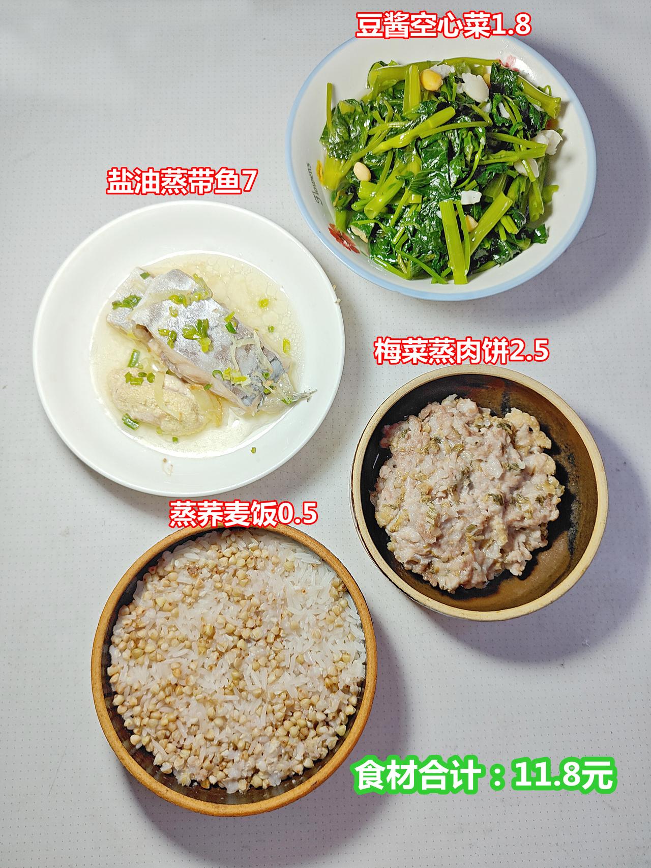 晚饭，盐油蒸带鱼7，梅菜蒸肉饼2.5，豆酱炒空心菜1.8，蒸荞麦饭0.5，食材合