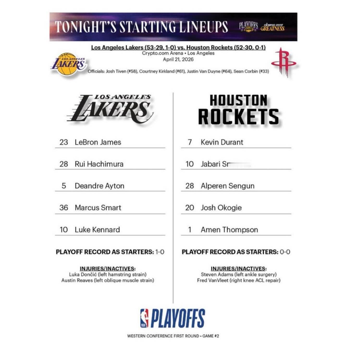 首发出炉：肯纳德、斯玛特、八村、老詹、艾顿！火箭vs湖人