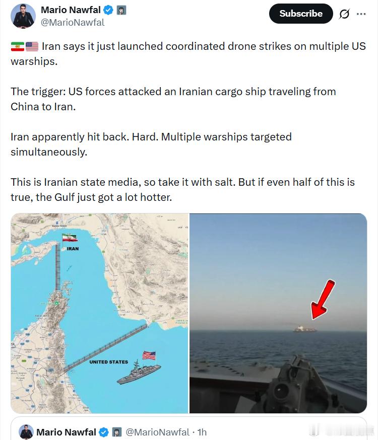 马里奥·纳法尔：伊朗表示，他们刚刚对多艘美国军舰发动了协调一致的无人机袭击。导火