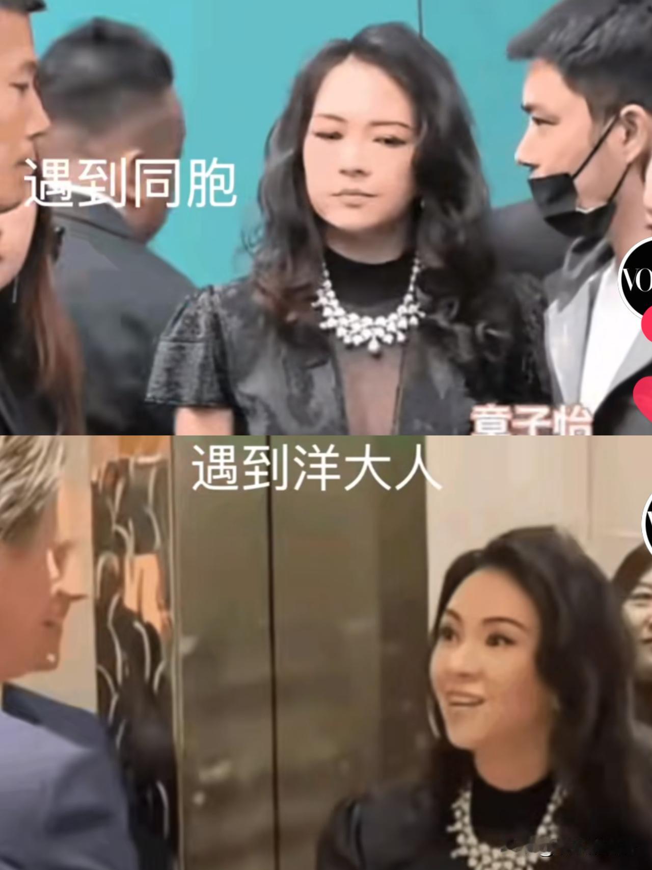 章子怡怎么还两副面孔，
一见到自己的同胞，
脸上表现出了不高兴，
甚至有一种“瞧