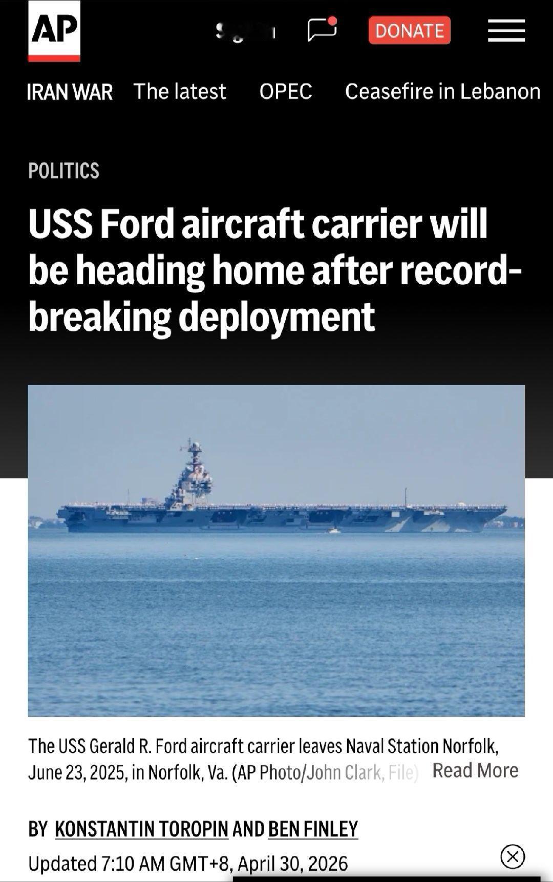 美国官员暗示，福特号航母终于要结束部署了你们说这一轮福特号航母部署期间的各种小故