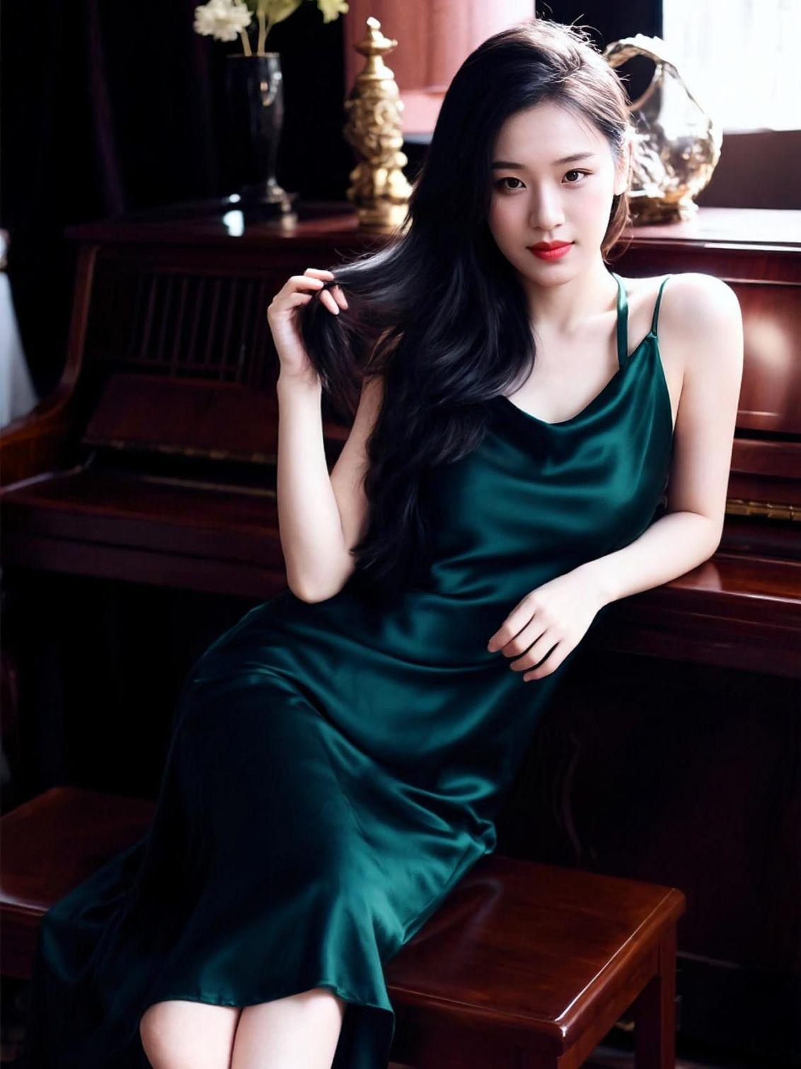 这墨绿色的丝质睡衣，简直是“风情万种”的代名词。随便一摆pose，都能拍出“大片