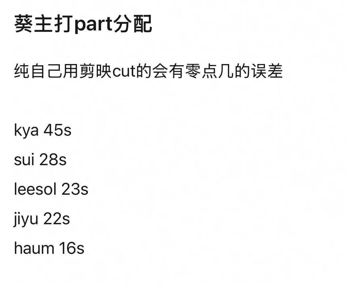 up主kiiikiii主打part分配已出kya 45s、sui 28s、lee
