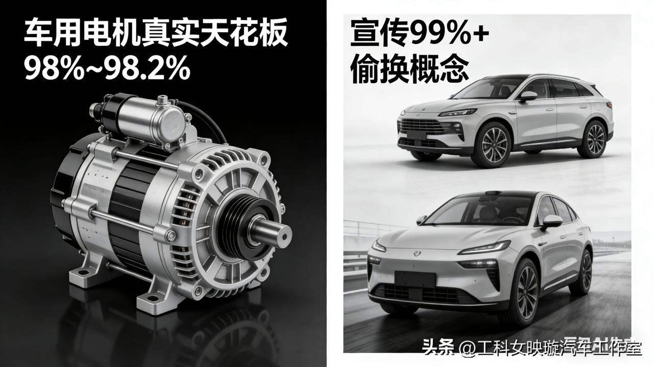别被车企忽悠了。
车用电机真实天花板，就在 98%～98.2%。
凡是宣传 99