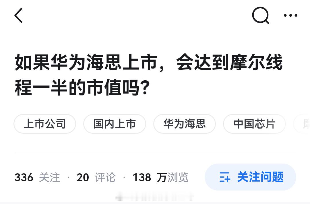 知乎热榜：如果华为海思上市，会达到摩尔线程一半的市值吗？我看了看提问账号，感觉就
