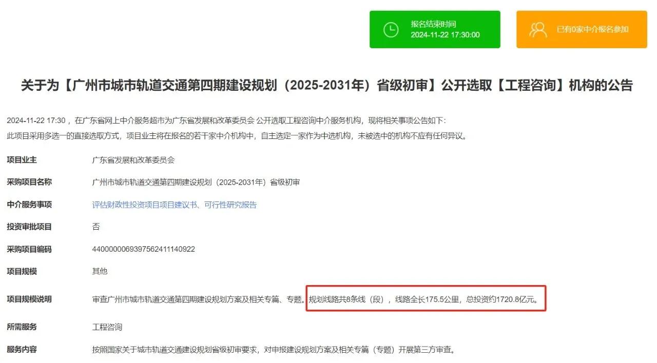 广州地铁四期规划最新消息：规划线路共8条线（段），线路全长175.5公里，总投资