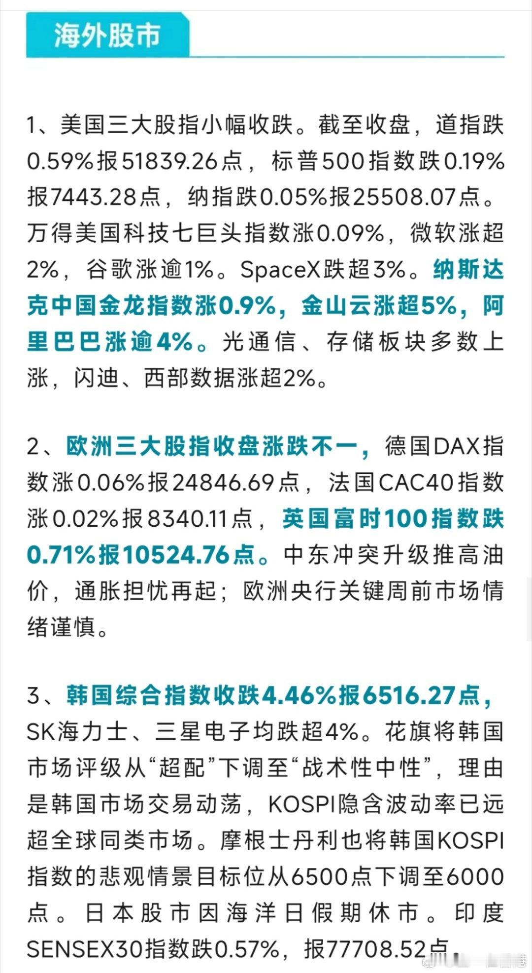 早安🌞财经全球股市 海外股市普遍走弱，中东地缘冲突推高油价、美债收益率上行，美