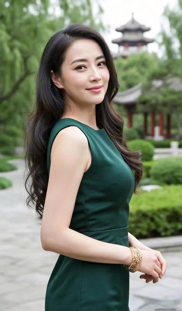 身着绿裙的美女，她的美丽和绿色一起，让人感到生机勃勃的气息。