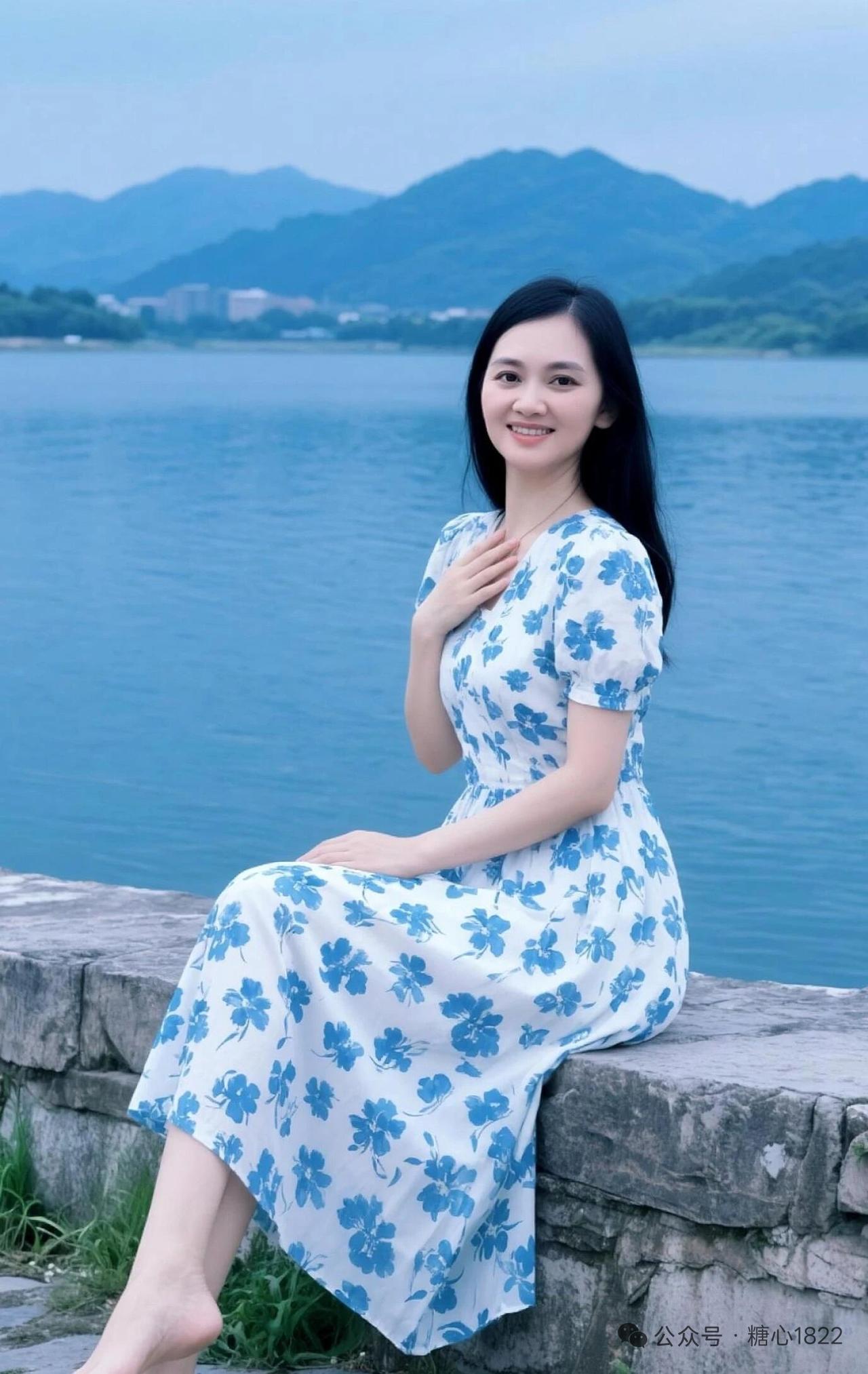 穿花裙的姑娘在湖边微笑。