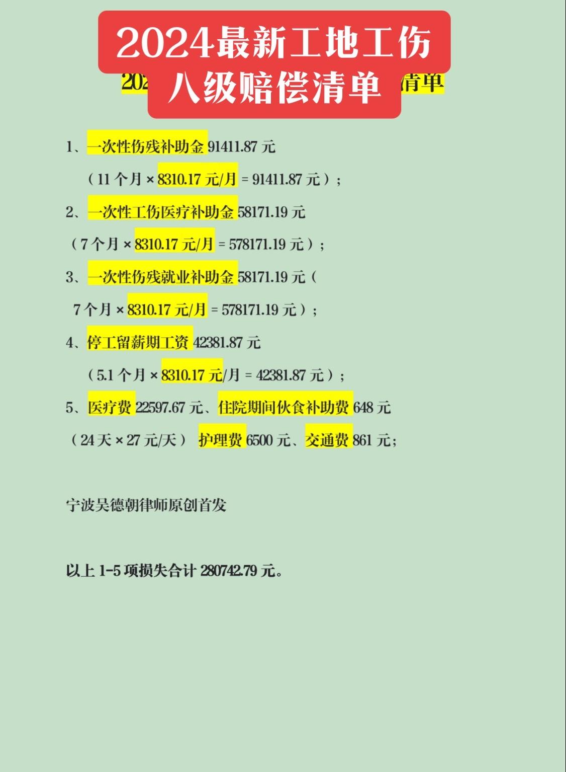 依据最新浙江省加权平均工资，上新一个工地工伤八级赔偿清单。#干货分享 #宁波工伤