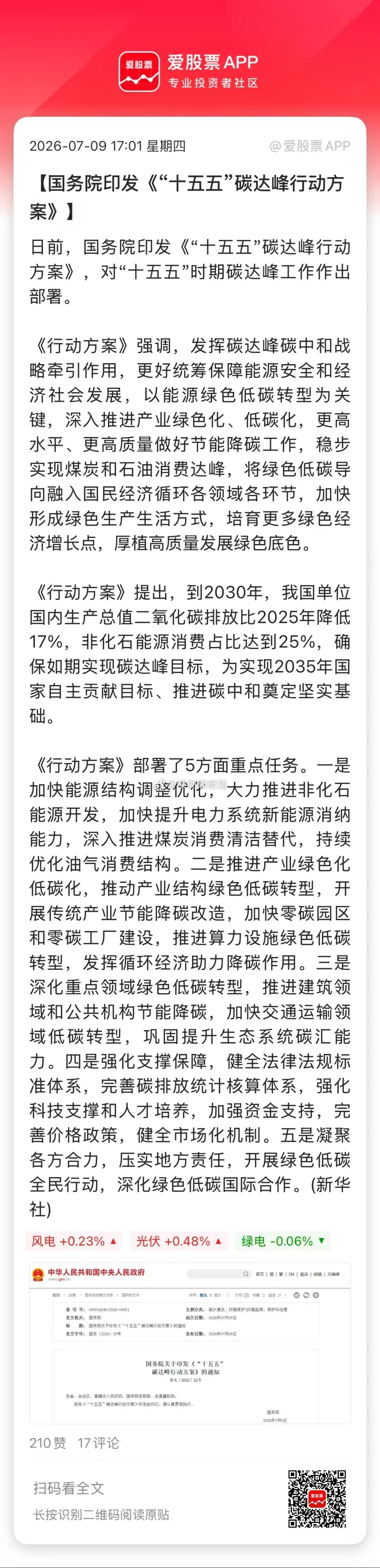 今晚这个应该是最大的政策，国务院印发《“十五五”碳达峰行动方案》，有几个具体的目