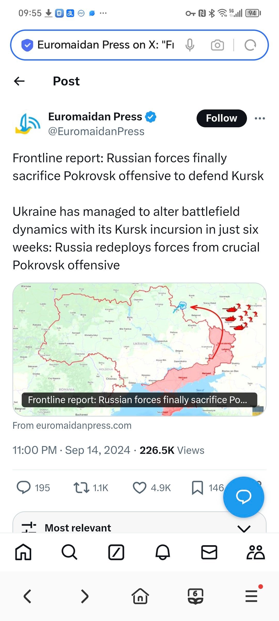 据前线报道，俄军将最终牺牲他们在波克罗夫斯克的攻势以保卫库尔斯克。乌克兰在短短六