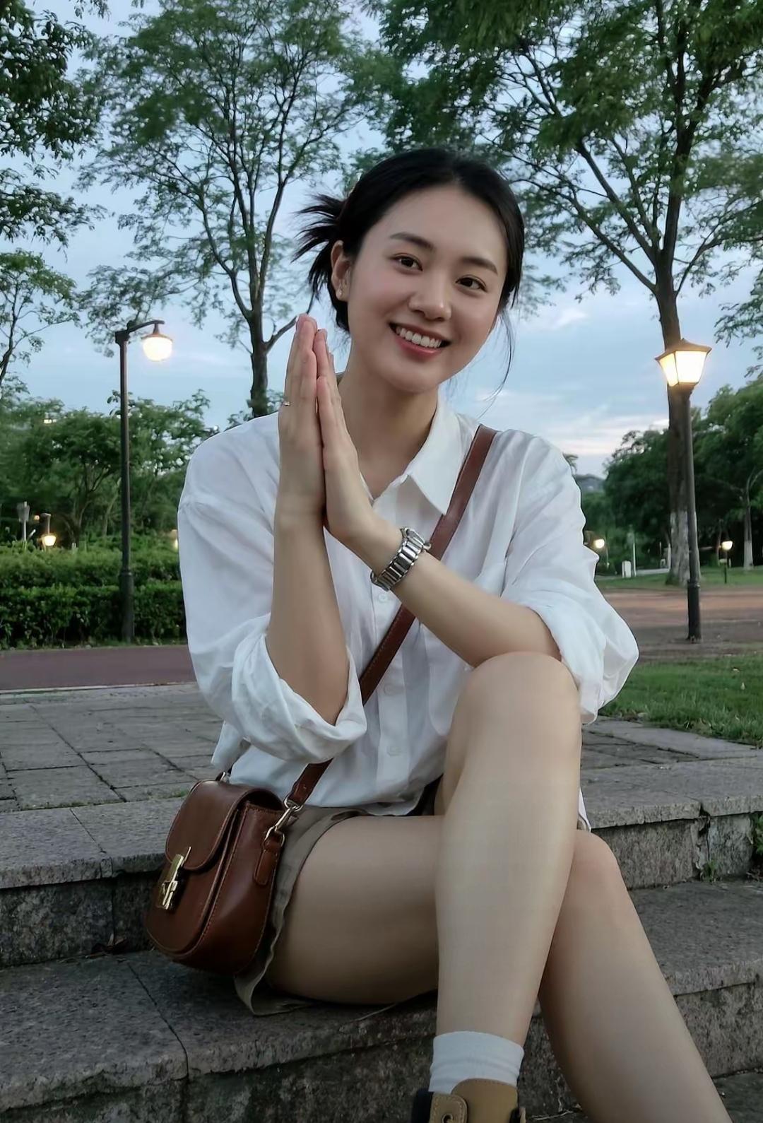 傍晚在公园散步，偶然看见这个漂亮女孩，一眼就被她的笑容打动了。
天色慢慢暗下来，