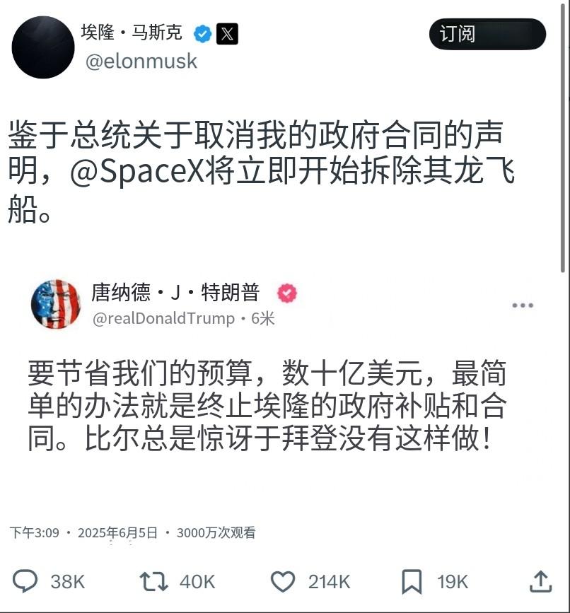 川普威胁将停止马斯克所有的联邦订单和补贴！马斯克一点不怂硬刚，立刻放话：“鉴于总