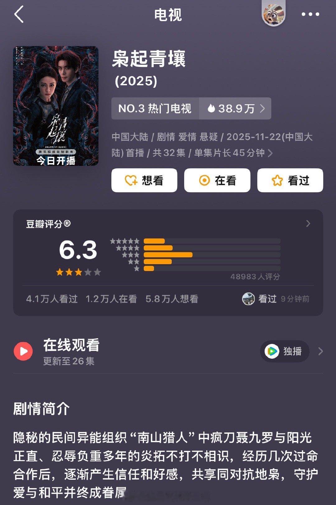 迪丽热巴枭起青壤豆瓣开分6.3分 