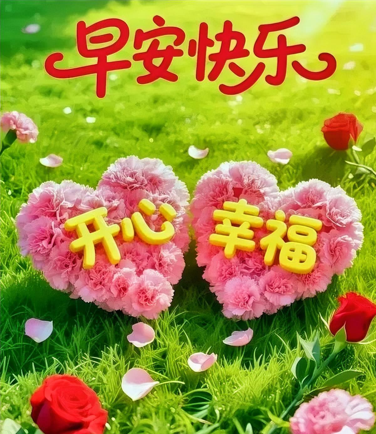 早安快乐，愿幸福和健康常伴。草地上的心形花束，把美好揉进晨光，今天也要元气满满呀