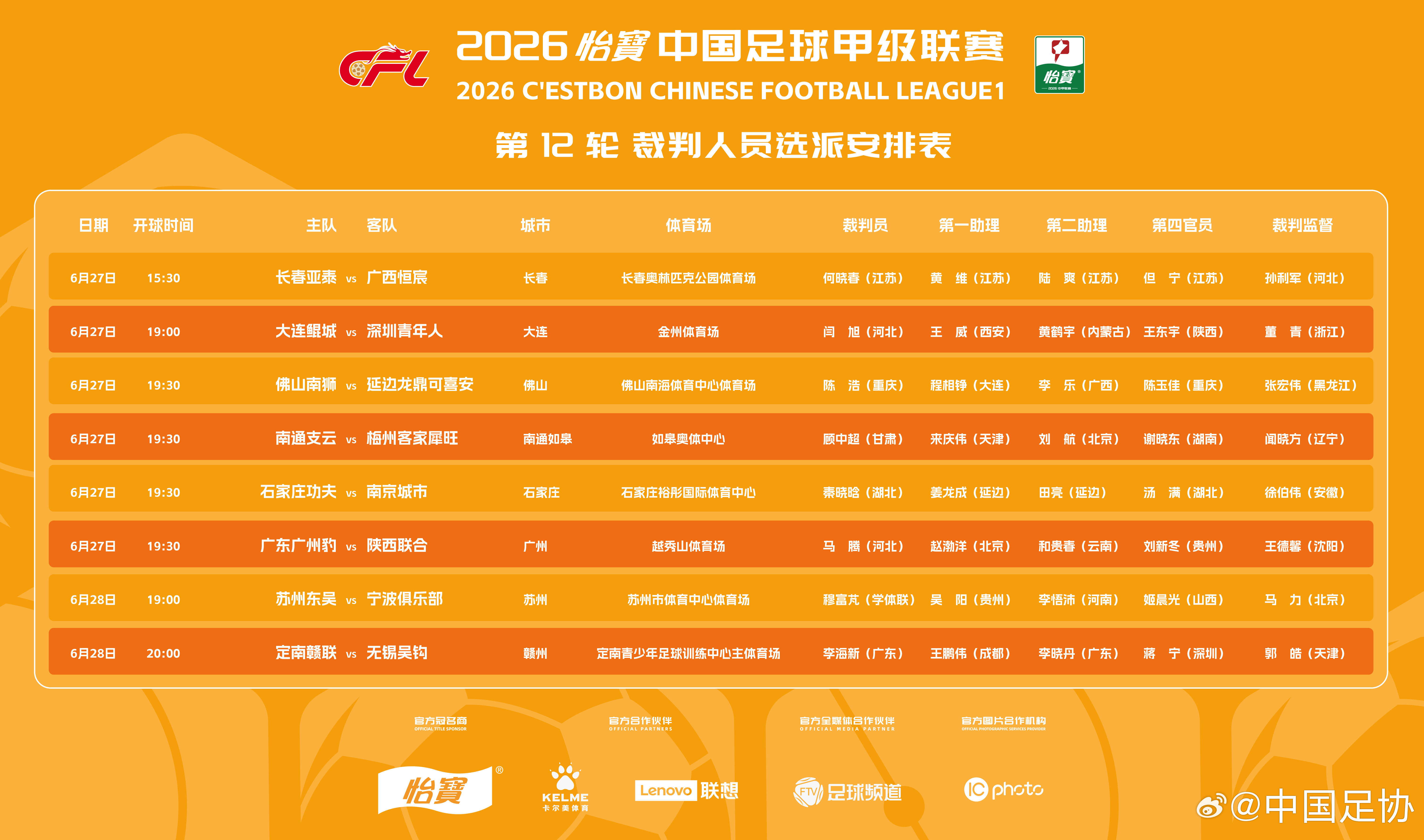 2026 怡宝中国足球甲级联赛第12 轮、乙级联赛第 14 轮裁判人员选派安排如