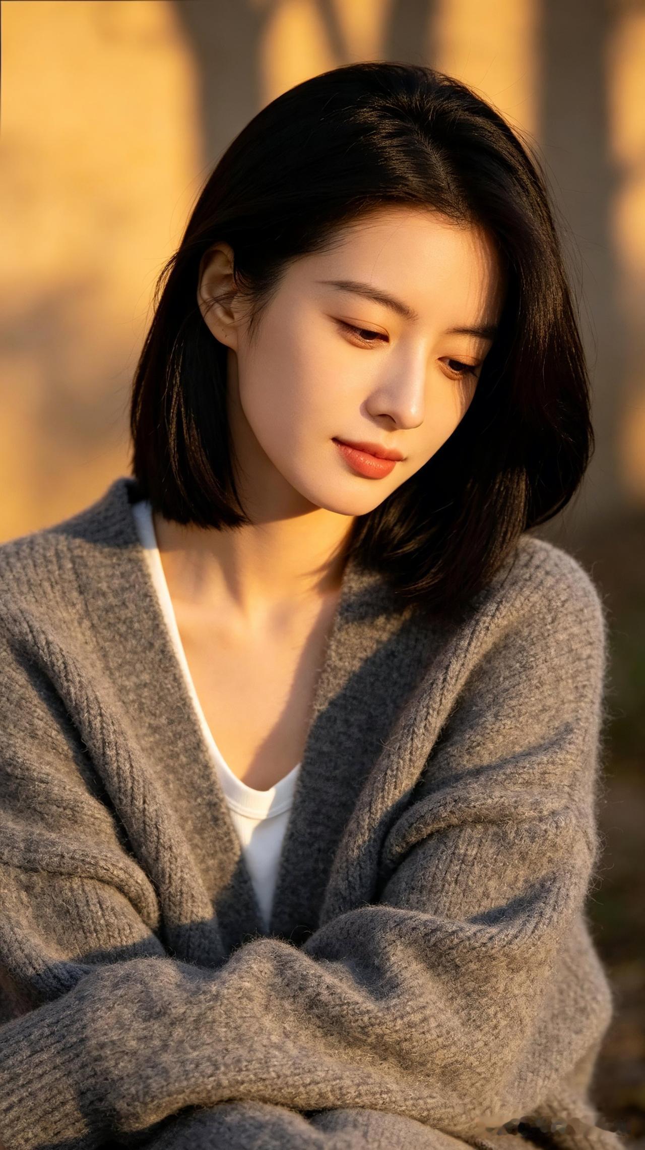 温暖午后，沉思少女，阳光洒落，宁静美好。