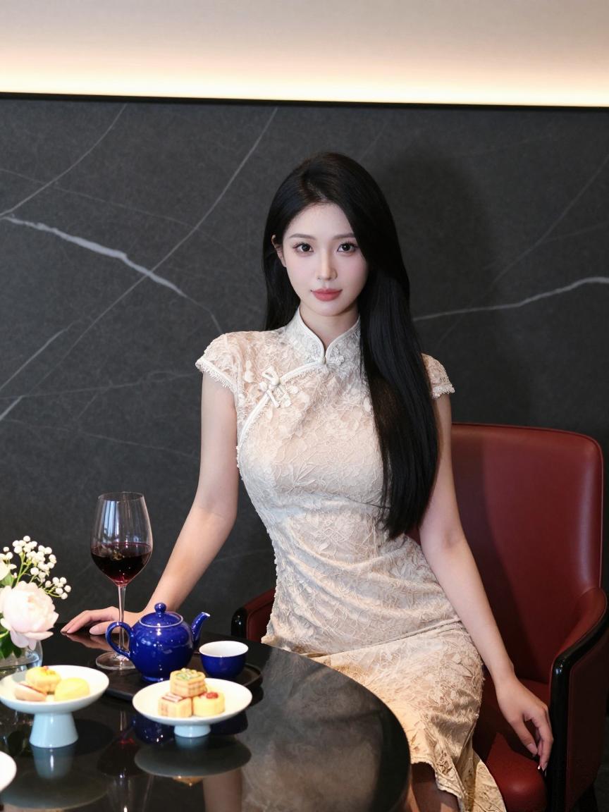 这组图片展示了一位女性在现代雅致环境中身着新中式蕾丝旗袍的优雅造型。三张照片中的