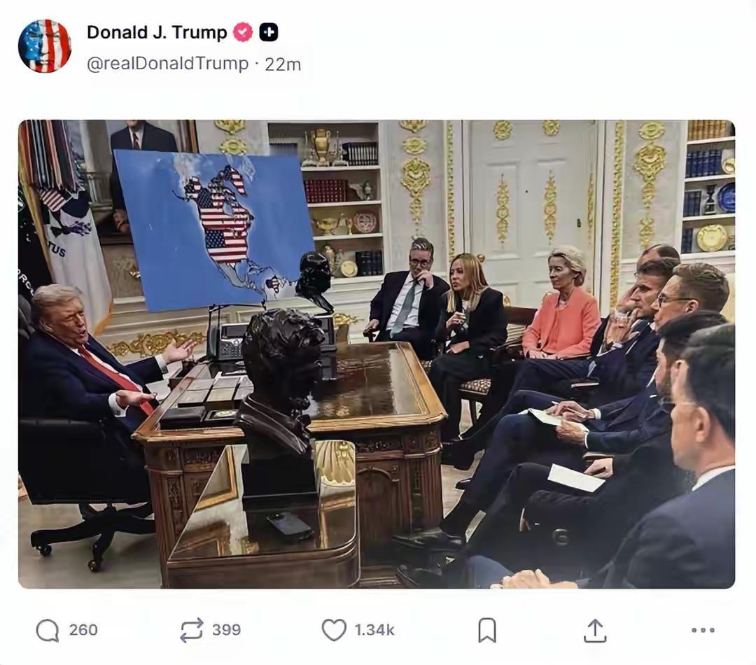 特朗普发的这个图绝了！
把加拿大、格陵兰岛和委内瑞拉的地方都涂上了美国的星条国旗