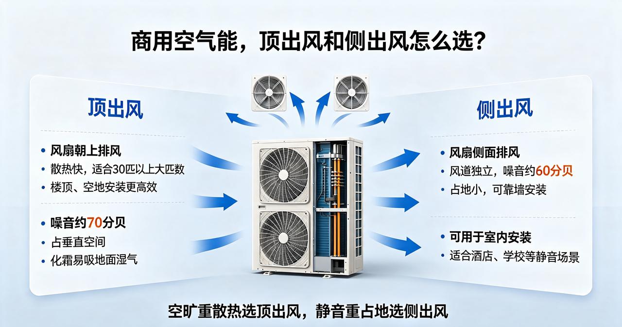 顶出风vs侧出风：空气能商用机组的风扇有什么差异？
 
商用空气能选顶出风还是侧