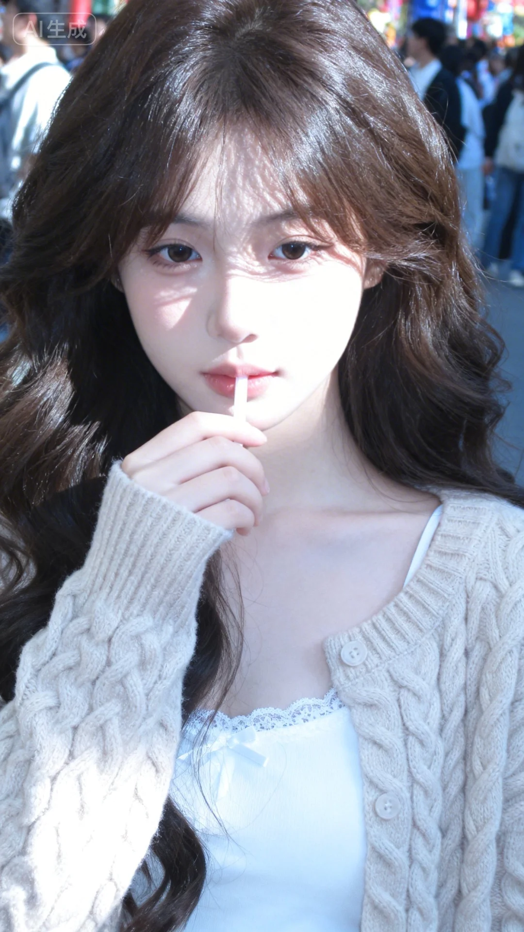 图片风格为“曦梦”，梦幻朦胧感。街边奶茶店外，一位深棕长卷发的女生，模样洋娃娃般