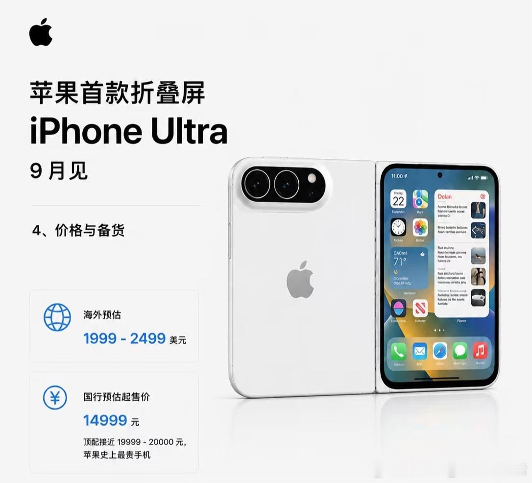 iPhoneUltra或14999元起毕竟这是苹果手机的一款全新形态，因为主流的
