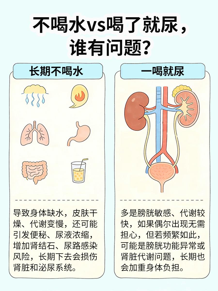 不喝水vs喝了就尿，哪种问题更大？
很多人都有两个困扰：要么长期不主动喝水，要么