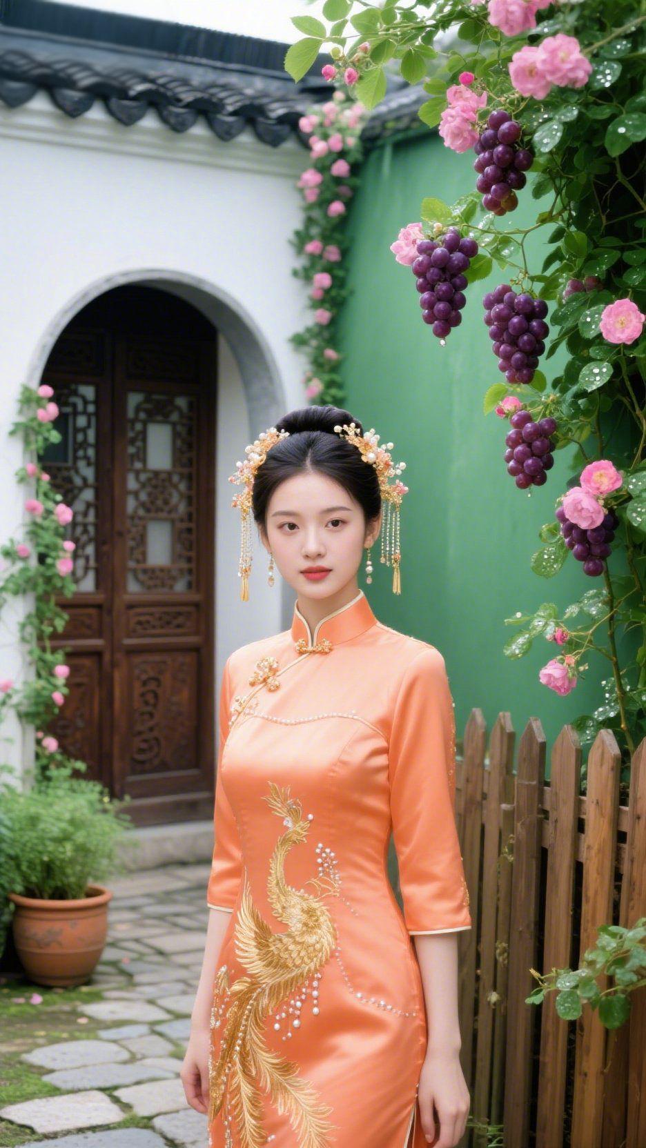 庭院清夏
 
白墙黛瓦沐晨光，
石径苔青覆嫩凉。
粉蔓攀檐绽艳芳，
紫珠垂架溢清