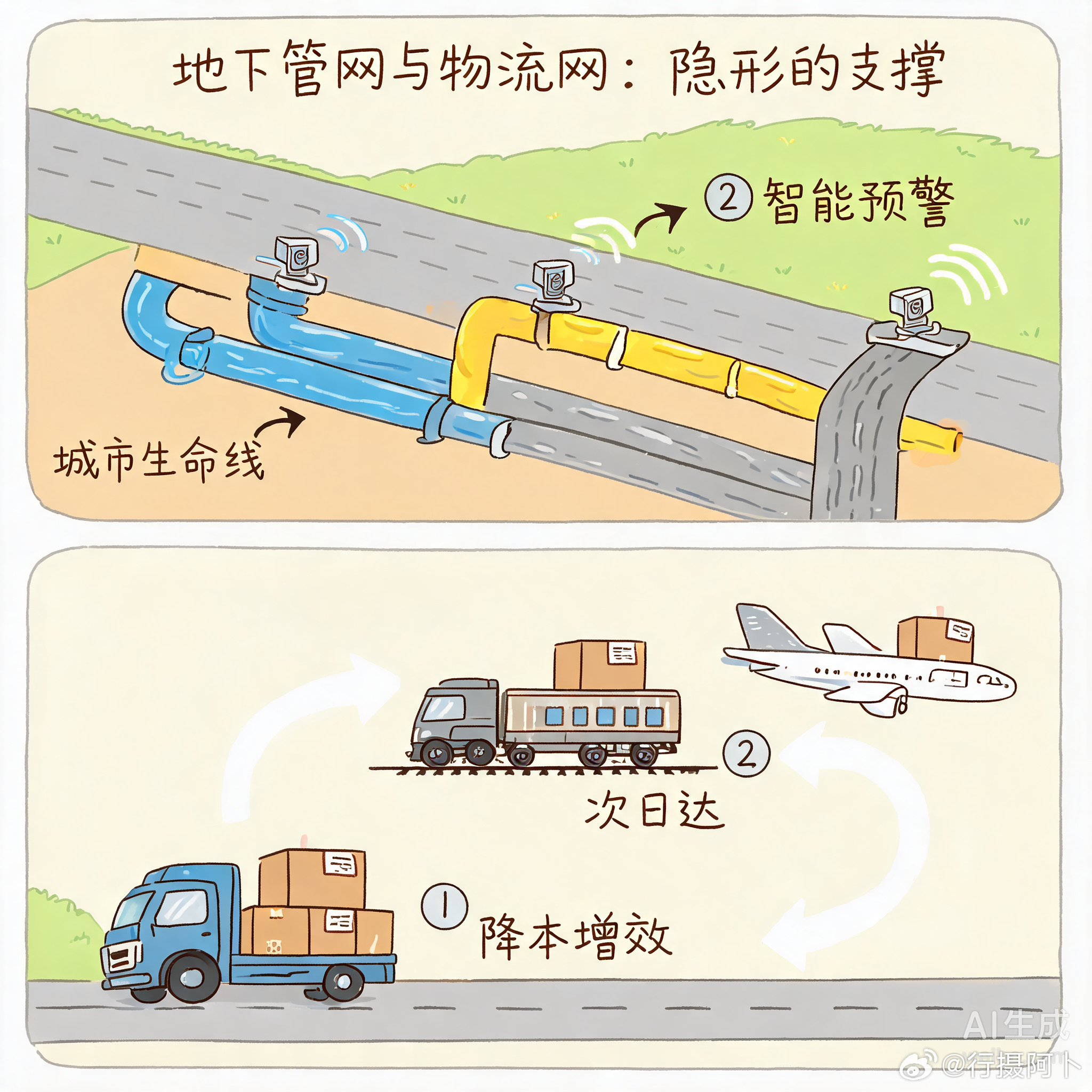 一图看懂基建六张网微博AI创作季水网管喝水安全，电网管充电自由，通信网管网速飞起