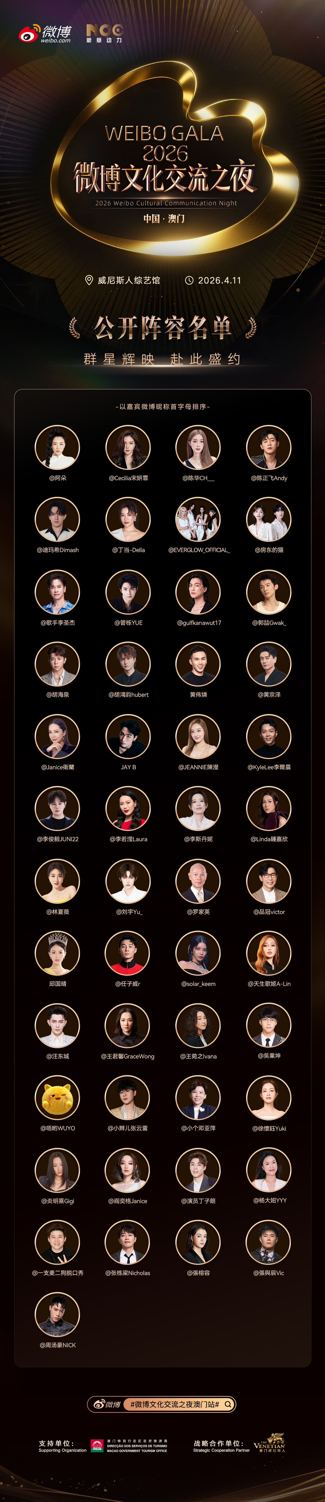 微博文化交流之夜澳门站全阵容 这就是传说中的神仙打架吧？阵容太豪华了，感觉当天手