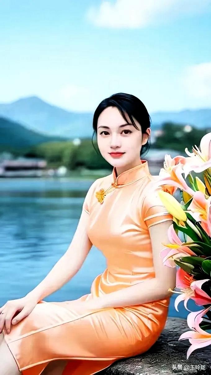 优雅的东方美人，湖畔静坐，花团锦簇，美不胜收。