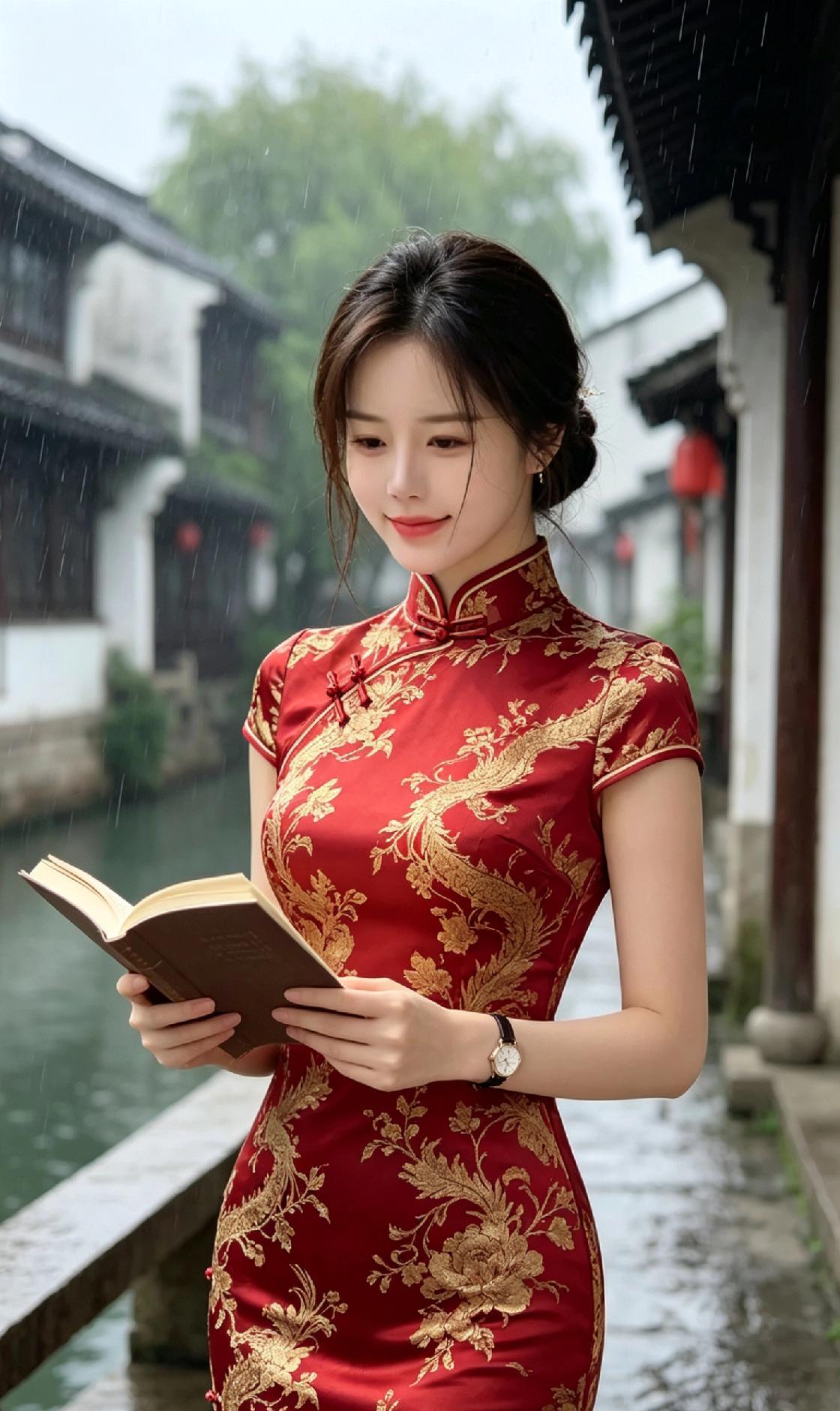 雨中漫步，红衣美人与古风书卷的邂逅。在细密的雨丝中，那身着红色旗袍的美人宛如一幅