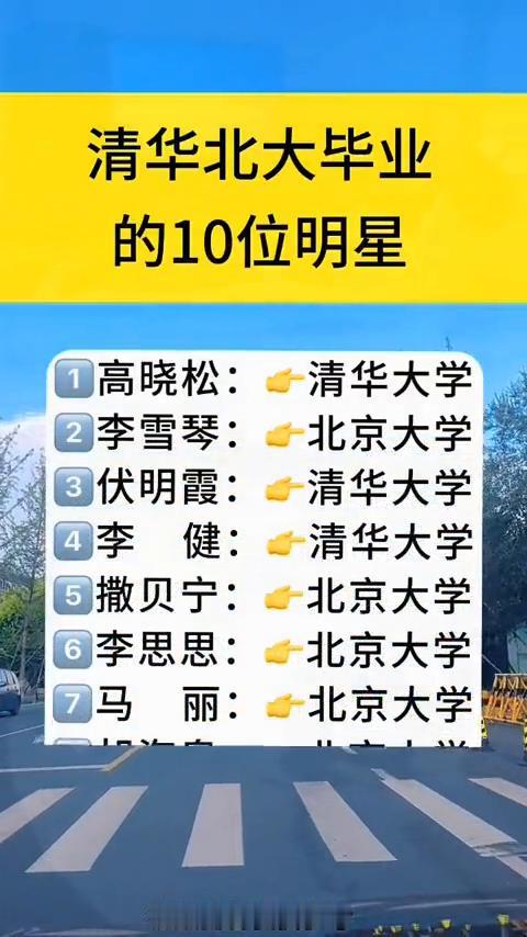 清华北大毕业的10位明星。
·高晓松：清华大学。
·李雪琴：北京大学。
·伏明霞